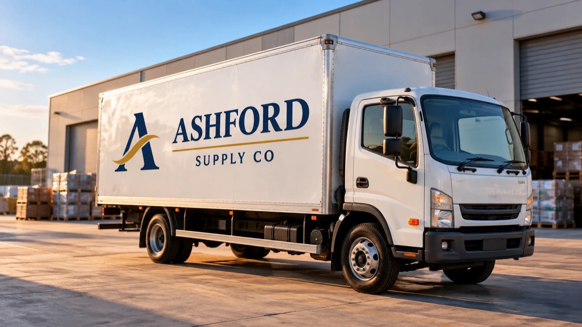 Ashford Supply Co delivery truck outside a warehouse
